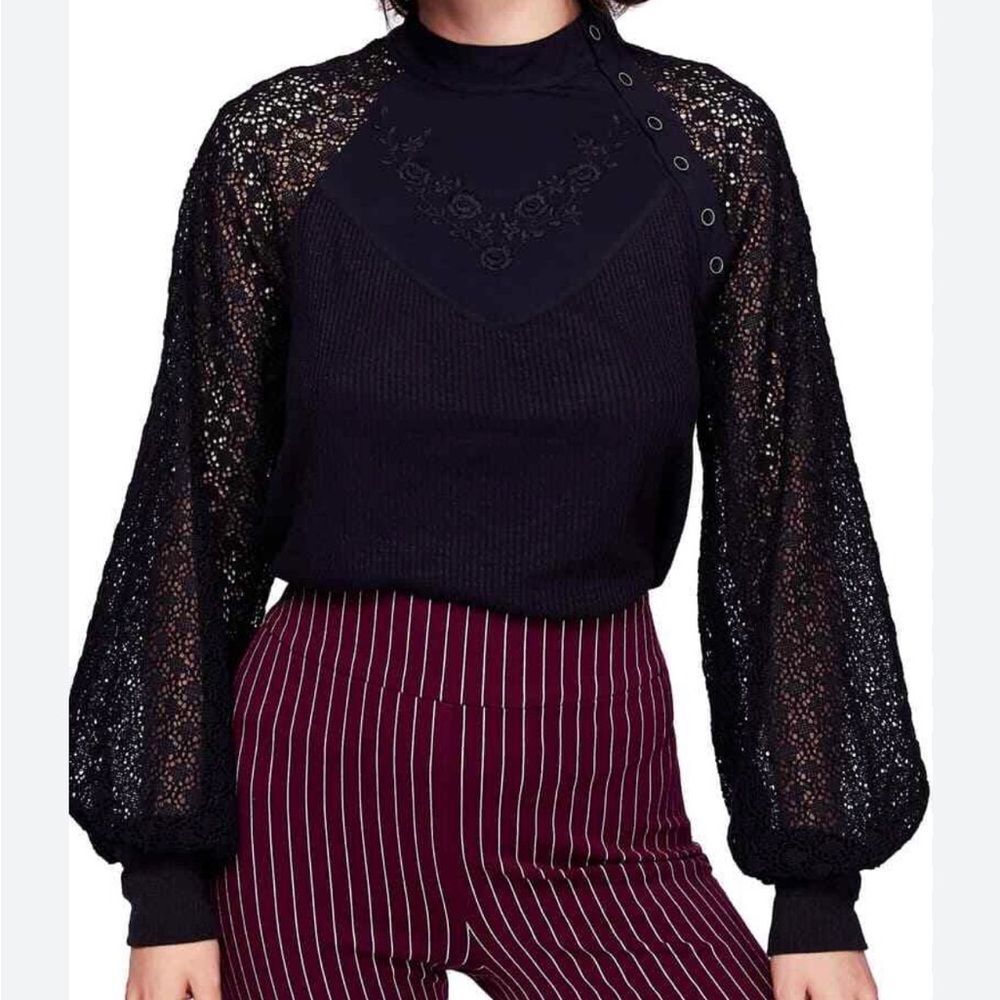 Free people women’s medium sweetest thing black crochet top embroidered boho
